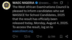 WAEC Results 2025 Is Out